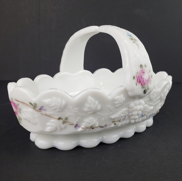 Westmoreland Milk Glass Basket Roses and Blue Vine Grapes Candy Dish Vintage - Picture 3 of 16